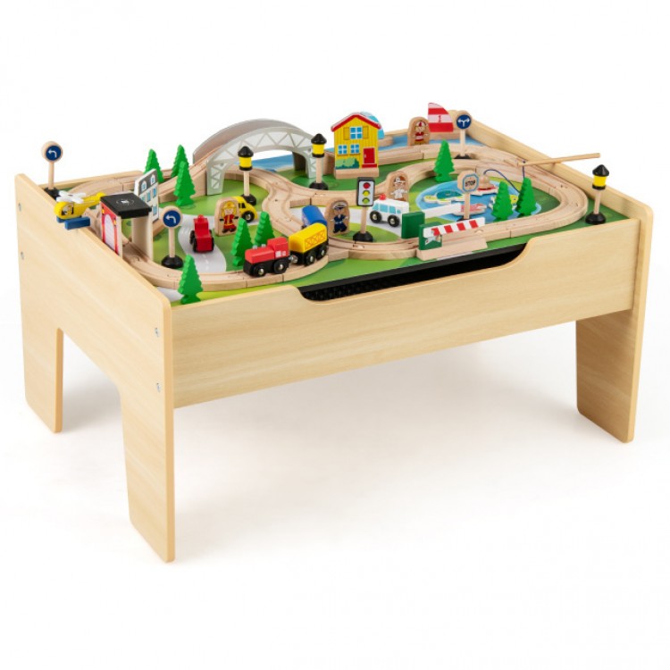 Wooden train set activity table with 78 pieces, featuring vehicles, figures, and multiple play options for kids aged 18M+.