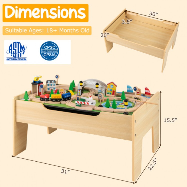 Wooden train set activity table with 78 pieces, double-sided board, and storage space for kids aged 18 months and older.