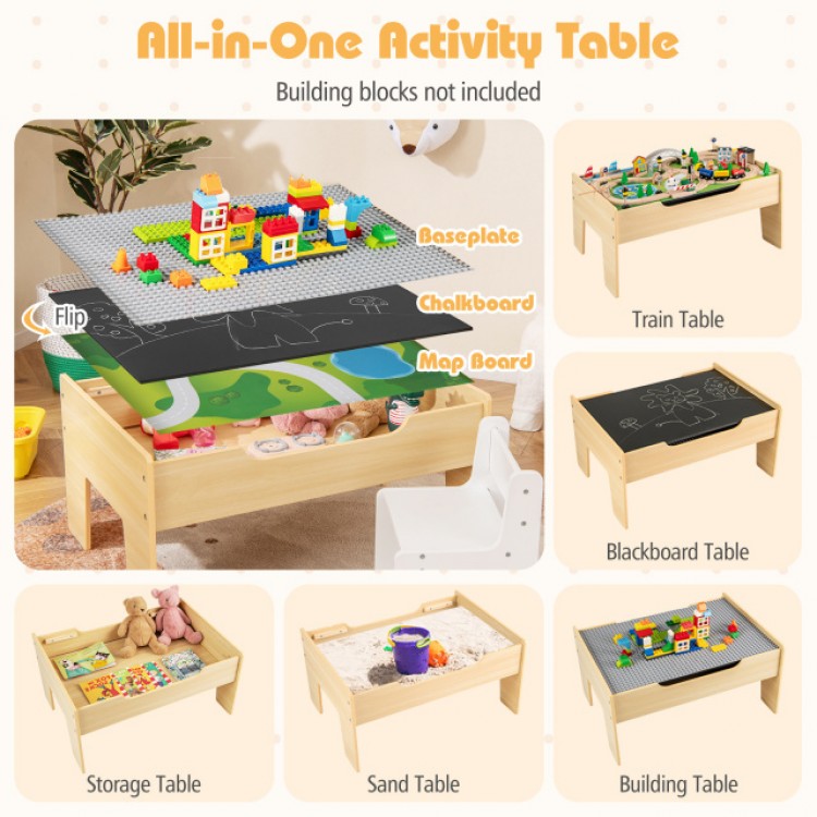 Wooden train set activity table with double-sided board, storage space, and 78 accessories for kids aged 18M+.