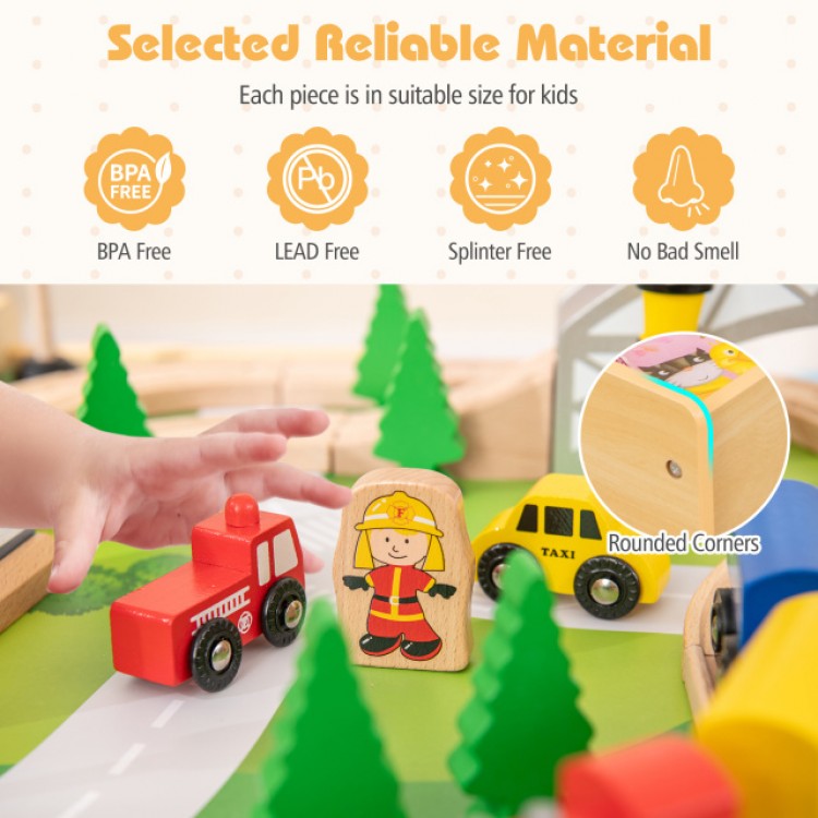 Wooden train set with 78 pieces, including vehicles and figures, designed for kids aged 18M+ with rounded corners for safety.