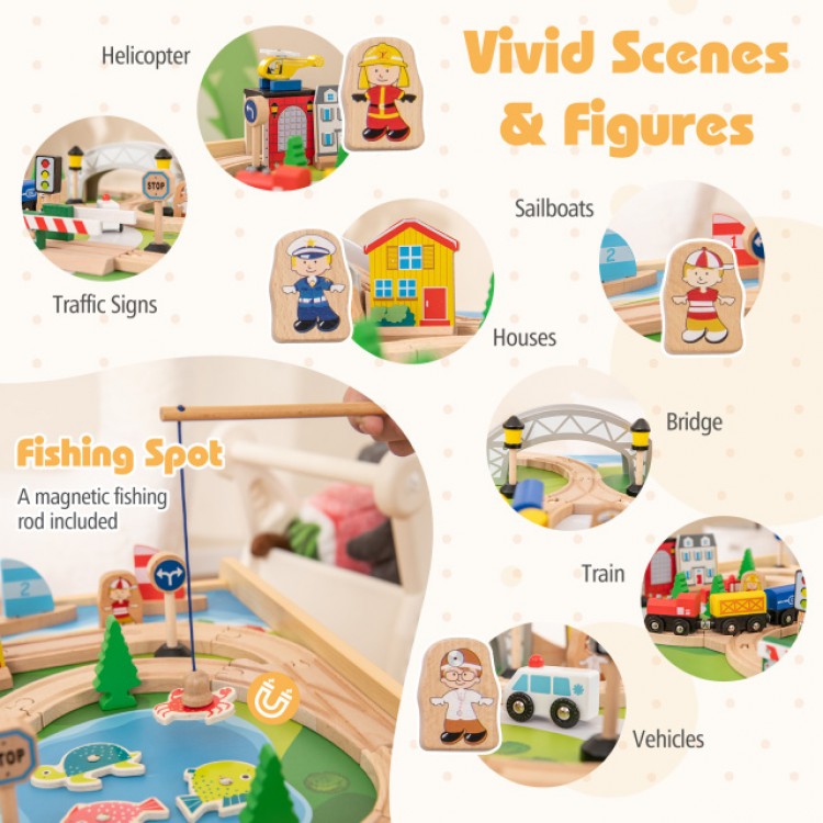 Wooden train set with 78 pieces, including figures, vehicles, and traffic signs, designed for kids aged 18 months and older.