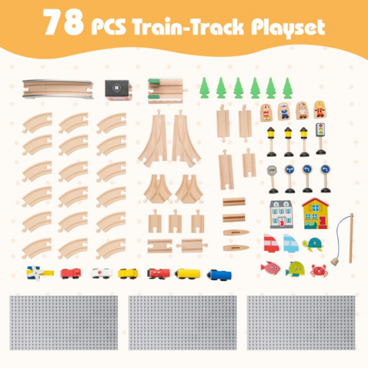 78-piece wooden train set with double-sided board, vehicles, figures, and traffic signs for kids aged 18 months and older.