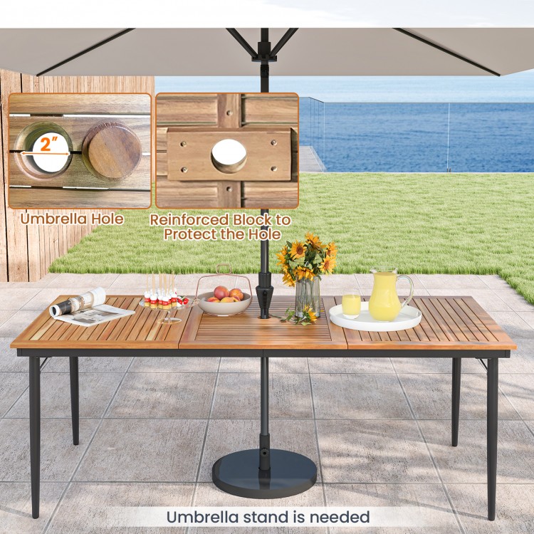 79-inch acacia wood outdoor dining table for 8 with a 1.9-inch umbrella hole, perfect for backyard gatherings.