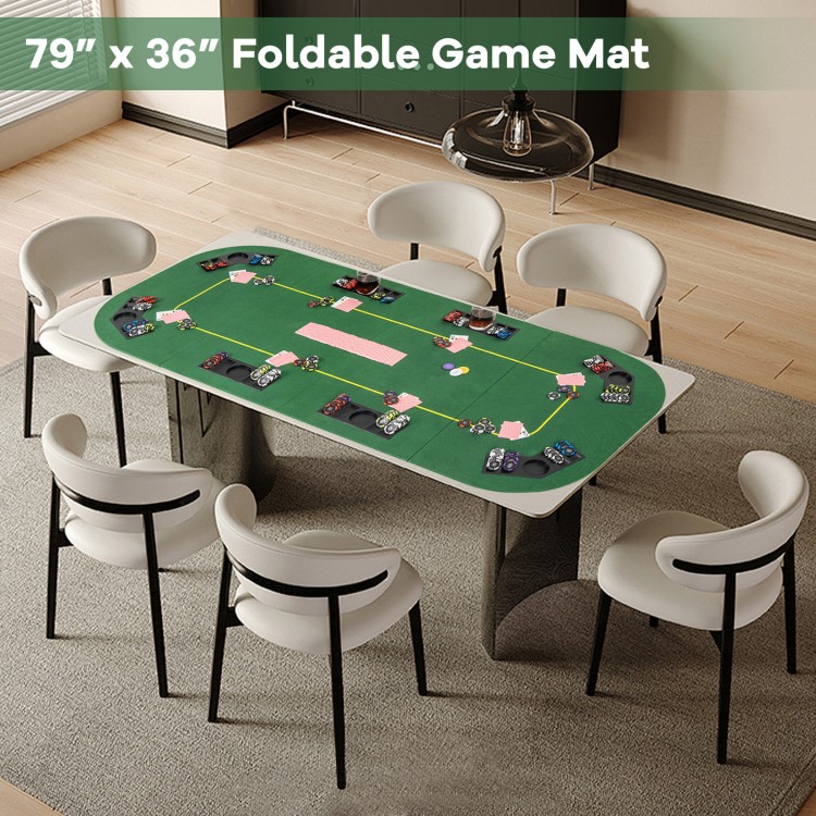 79" x 36" foldable poker table top with cup holders, accommodating 8 players, ideal for game rooms and gatherings.