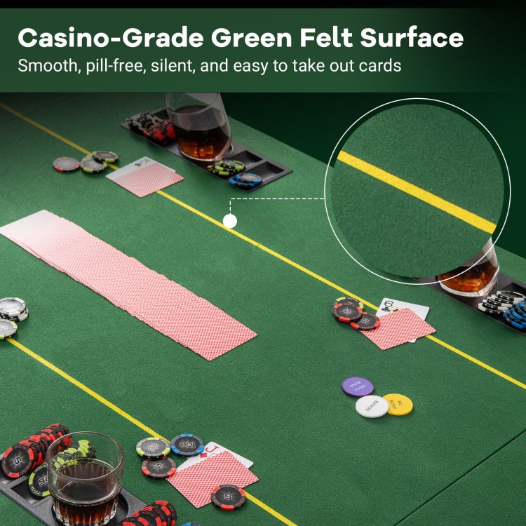 Casino-grade green felt poker table top with cup holders, designed for 8 players, ideal for game rooms and parties.