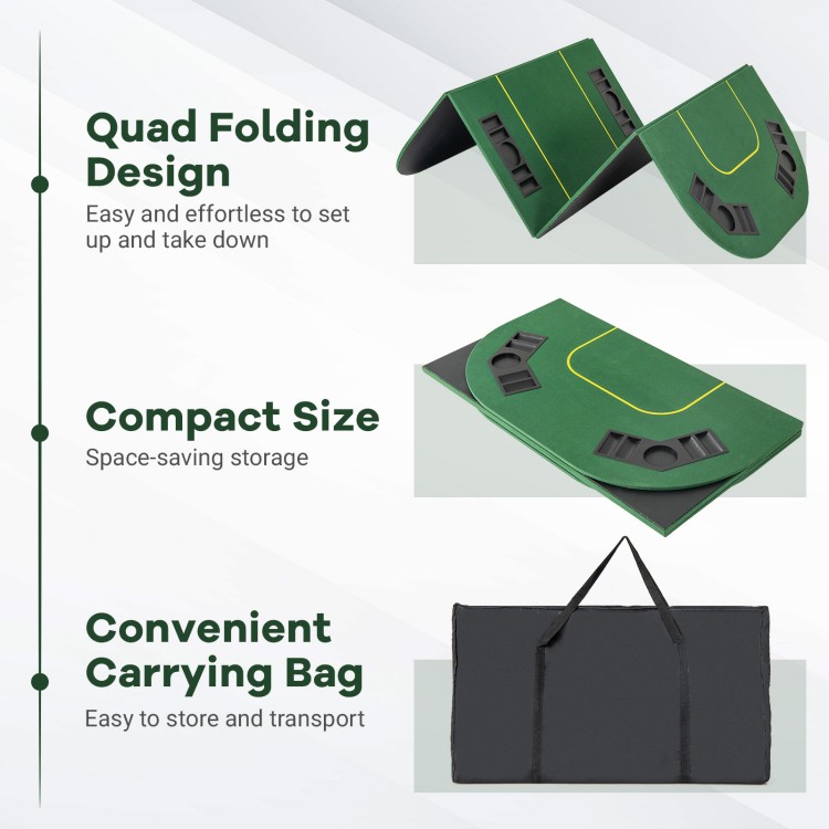 79-inch foldable poker table top with cup holders, quad-fold design for easy setup, ideal for 8 players and transport.