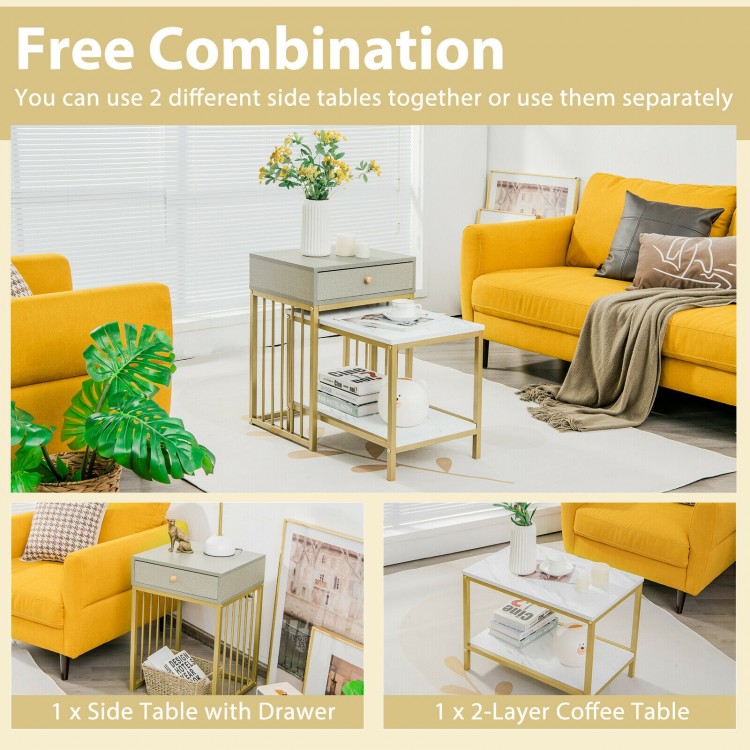 Side table with drawer and gold steel frame, designed for versatile use in living room or bedroom, enhancing storage.