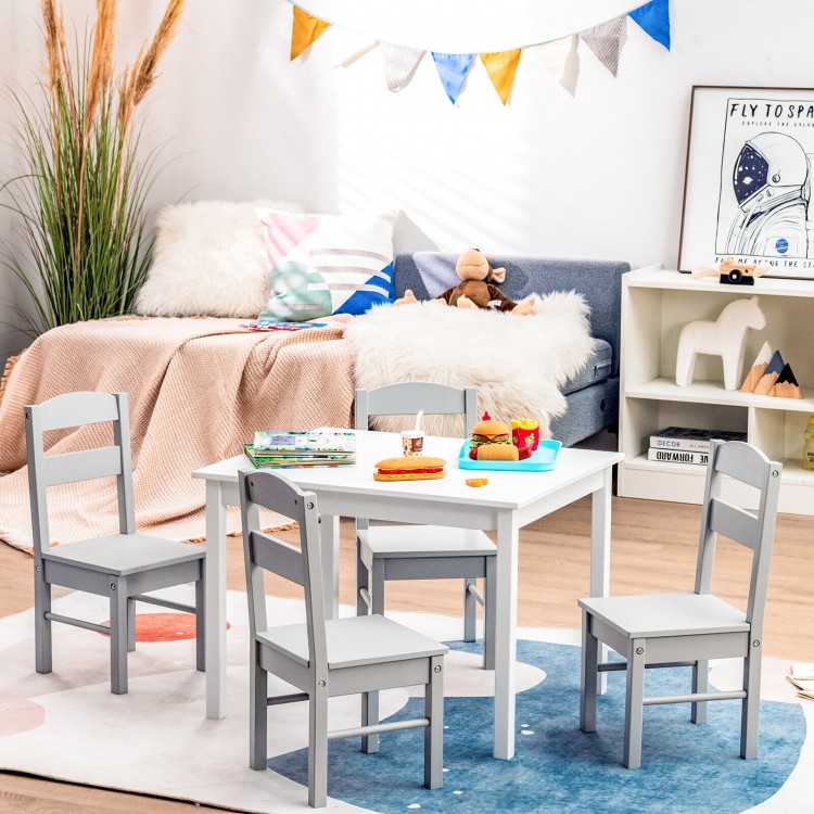 Kids 5-piece wooden table and chair set in white, perfect for playroom activities and safe for toddlers aged 2 to 6.
