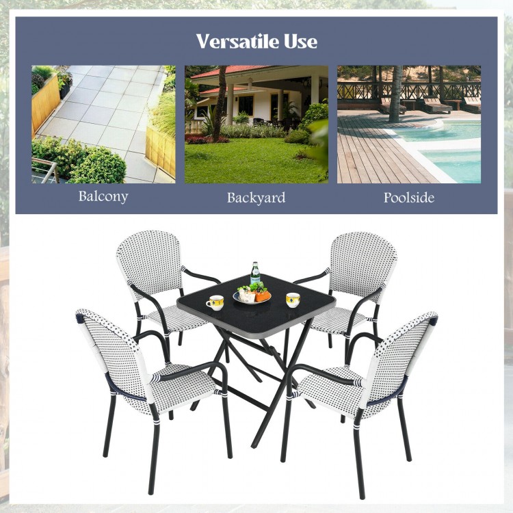 Set of 4 stackable patio dining chairs with armrests in white PE rattan, ideal for garden, poolside, or backyard use.