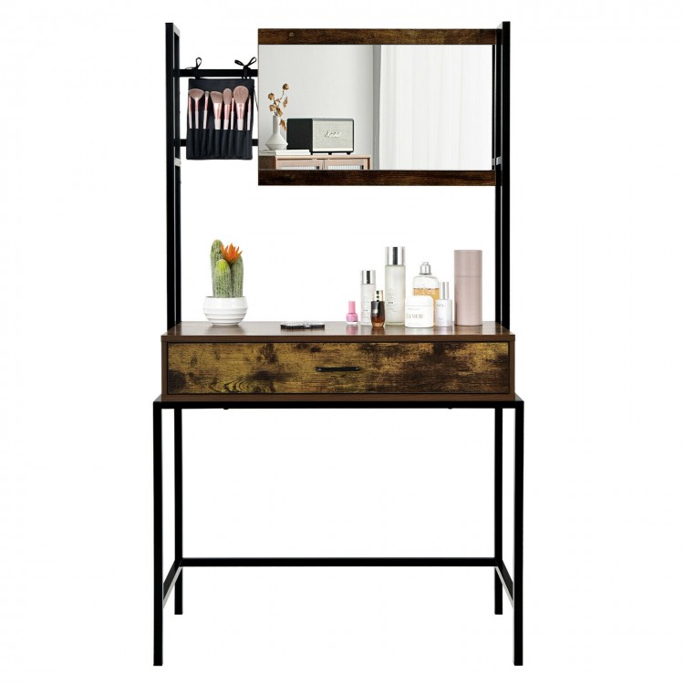 Industrial vanity table in brown with adjustable mirror, spacious drawer, and brush storage for cosmetics and beauty.