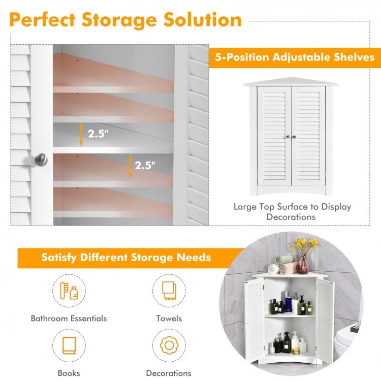 Freestanding white bathroom corner storage cabinet with adjustable shelves, ideal for organizing toiletries and towels.