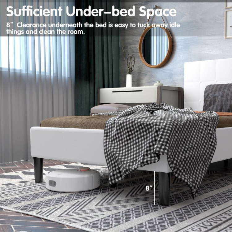 Platform bed with button tufted headboard in beige, featuring 7" under-bed space for convenient storage and.