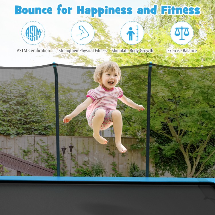 Child joyfully bouncing on the 8 x 14 feet rectangular trampoline with safety enclosure net, promoting fitness and fun.
