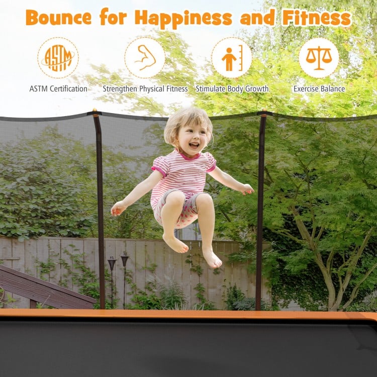 Rectangular 8 x 14 feet trampoline with safety enclosure net, featuring a child jumping for fitness and fun outdoors.