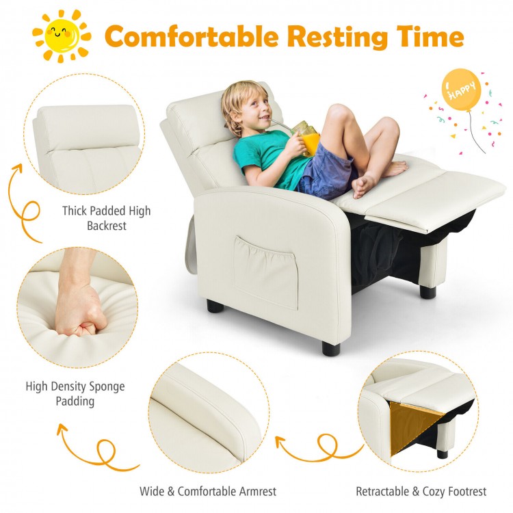 Kids recliner lounge sofa in white with adjustable backrest and footrest, featuring high-density sponge padding for.