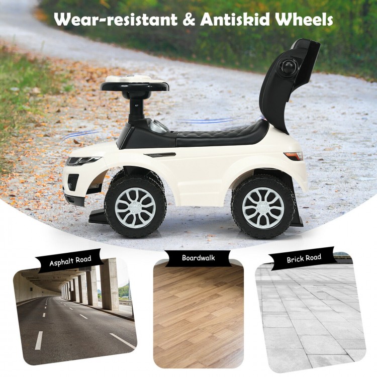 3-in-1 ride-on push car in white with wear-resistant wheels, suitable for toddlers aged 12-36 months for outdoor fun.