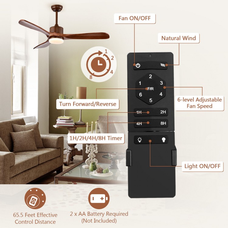 52-inch reversible ceiling fan in brown with LED light, remote control, and 6-speed settings for year-round comfort.