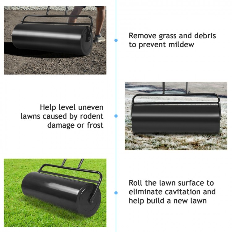 36 x 12 inch black tow lawn roller with U-shaped handle, ideal for leveling lawns and eliminating frost damage.