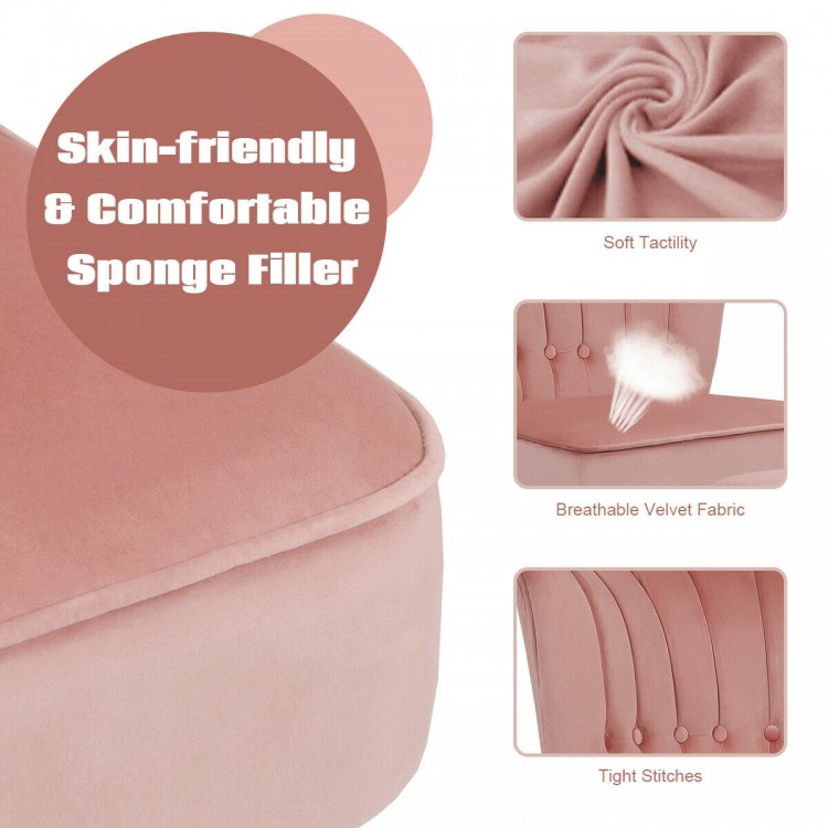 Thick padded tufted leisure chair and ottoman set in pink velvet, offering stylish comfort for living room or bedroom.