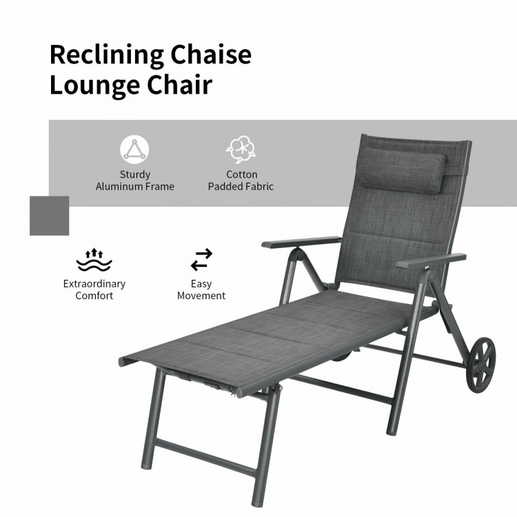 Gray patio reclining chaise lounge chair with adjustable neck pillow, aluminum frame, and breathable fabric for outdoor.
