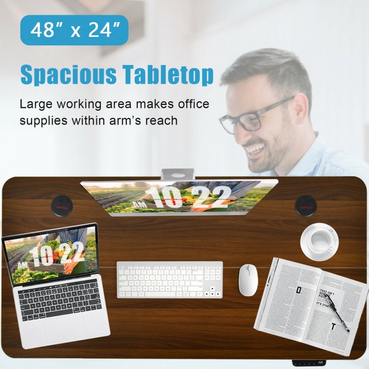 Spacious walnut tabletop of the 48-inch electric height adjustable standing desk, perfect for office essentials.