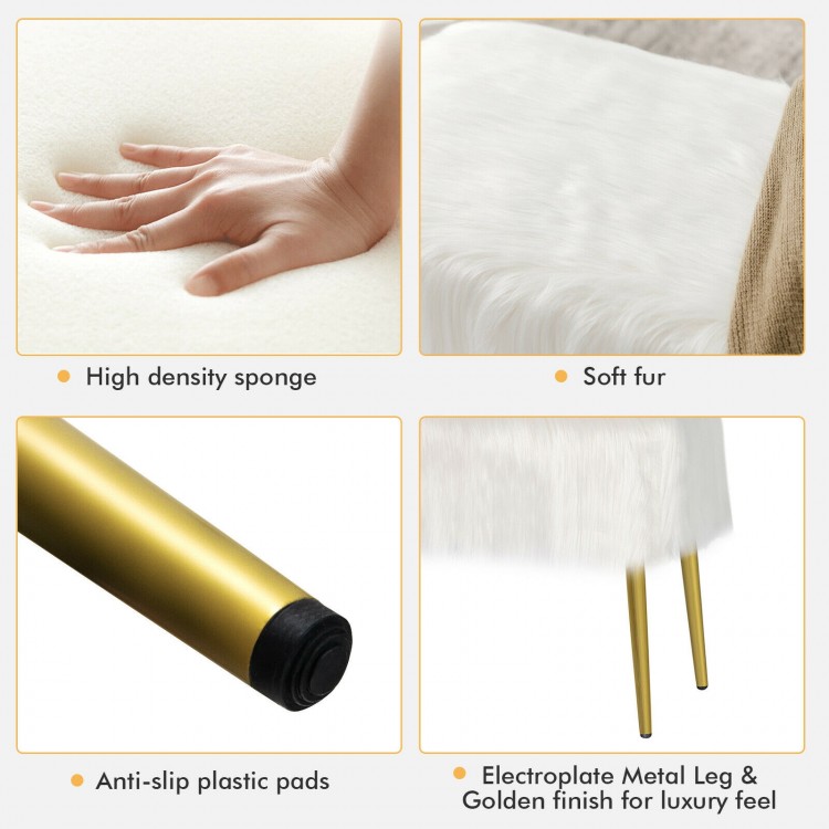 Upholstered faux fur vanity stool with golden legs, featuring high-density sponge and anti-slip pads for stability.