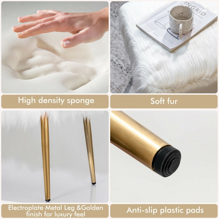 Faux fur vanity stool with golden metal legs, featuring high-density sponge for comfort and anti-slip pads for.