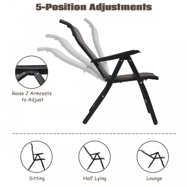 Adjustable backrest of a folding rattan chair showcasing 5 positions, made of durable PE rattan for outdoor relaxation.
