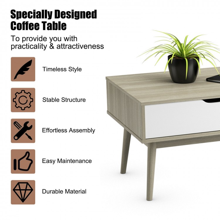 Gray coffee cocktail accent table with drawer and storage shelf, featuring a spacious tabletop for stylish organization.