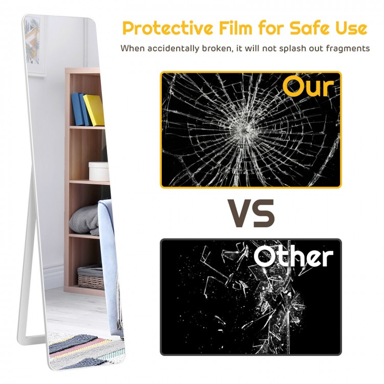 Full-length frameless floor mirror with explosion-proof film, sturdy U-shaped bracket, ideal for living room or bedroom.