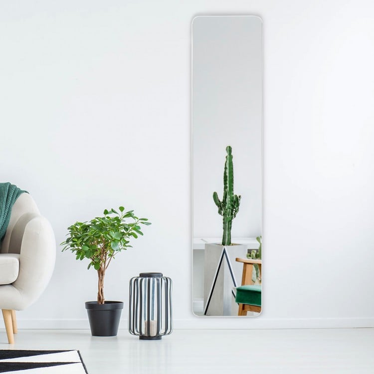 Full-length frameless floor mirror with solid wood frame, U-shaped bracket, and explosion-proof glass for versatile.