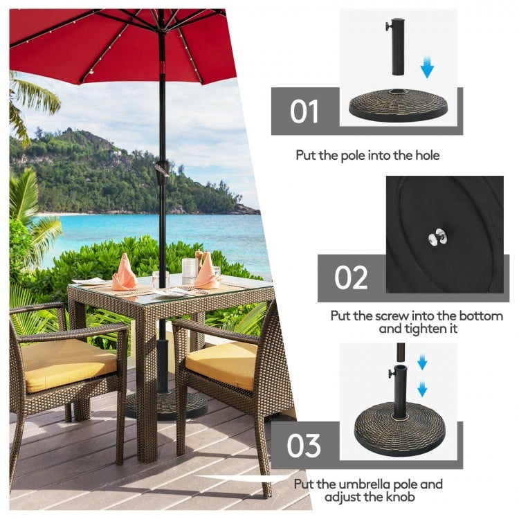Patio market umbrella base stand with rattan design, durable resin, and adjustable knob for stability by poolside.