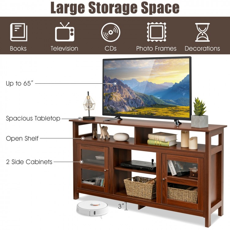 58" brown TV stand with 2 cabinets and open shelves, designed for TVs up to 65", perfect for living room organization.