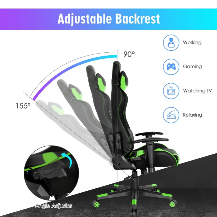 Adjustable swivel gaming chair with green accents, featuring a reclining backrest from 90° to 155° for versatile use.