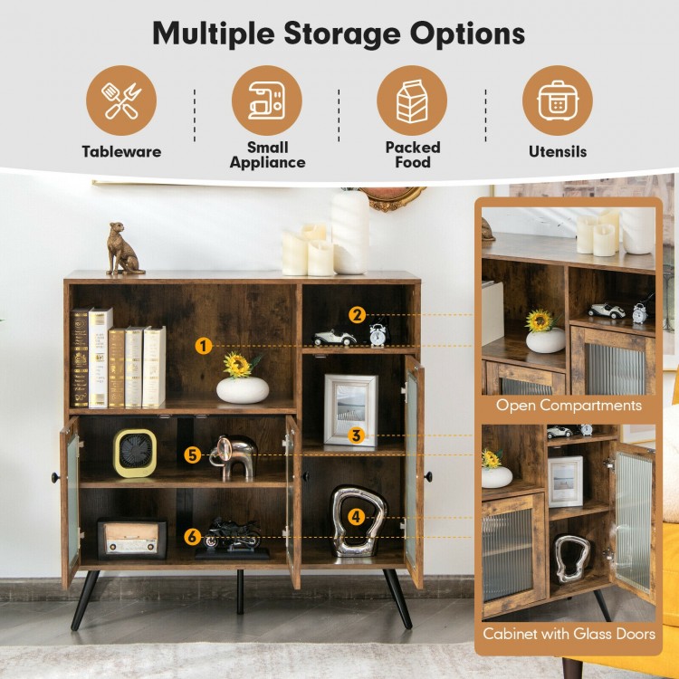Buffet kitchen storage cupboard in rustic brown with glass doors, adjustable shelves, and open compartments for.