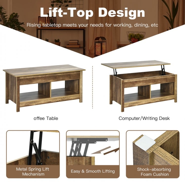 Lift-top coffee table in natural finish with hidden storage and lower shelf, ideal for study or living room use.