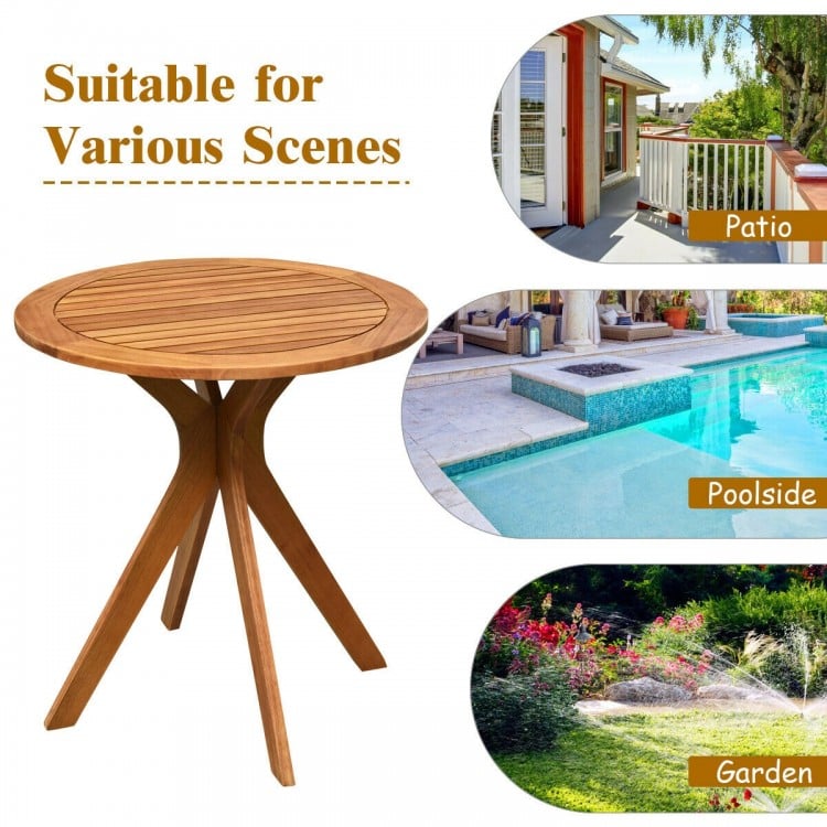 Round 27-inch solid wood bistro table with X-shaped legs, perfect for outdoor patio, garden, or poolside use.
