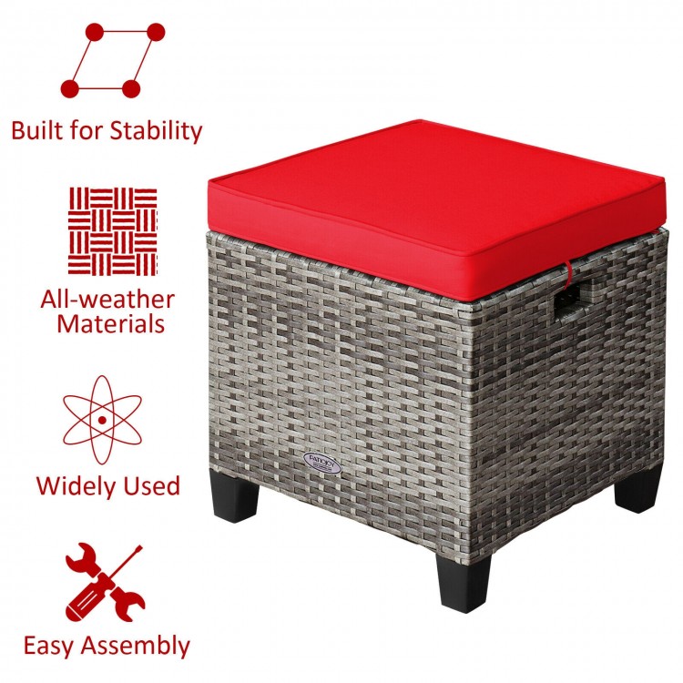 Red cushioned patio rattan wicker ottoman with removable cover, durable PE rattan for outdoor use, ideal for garden or.