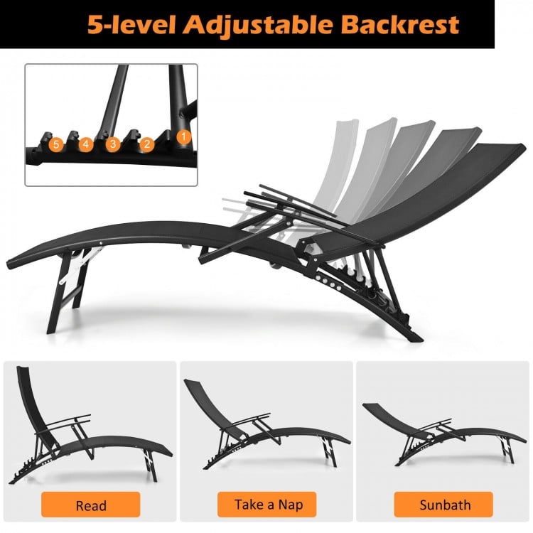 Adjustable backrest of black patio lounge chair, showcasing 5 positions for reading, napping, or sunbathing outdoors.