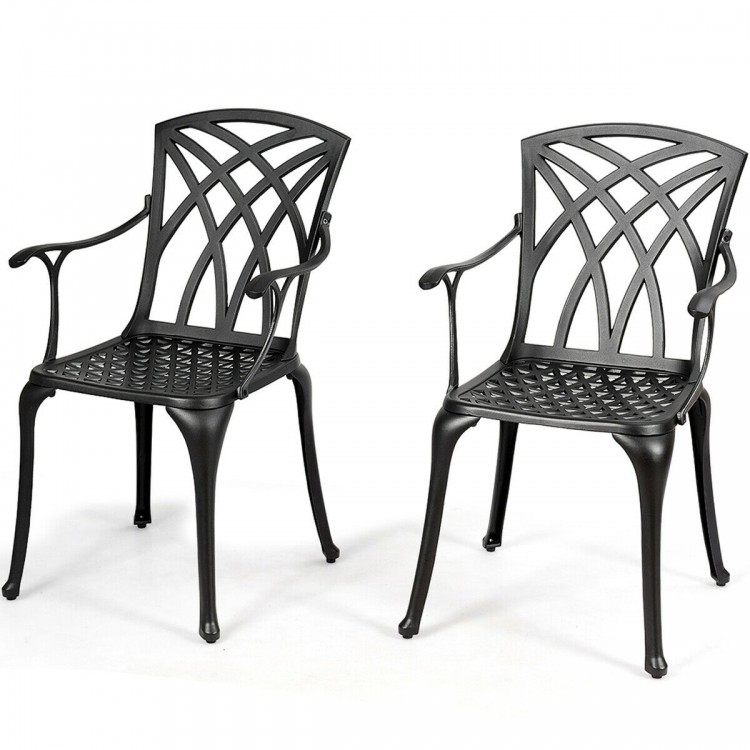 Two durable aluminum dining chairs with armrests, featuring a hollow out design and ergonomic support, ideal for.