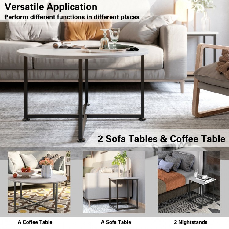 Round coffee table with faux marble top and X-shaped steel base, part of a 3-piece set for versatile living room use.