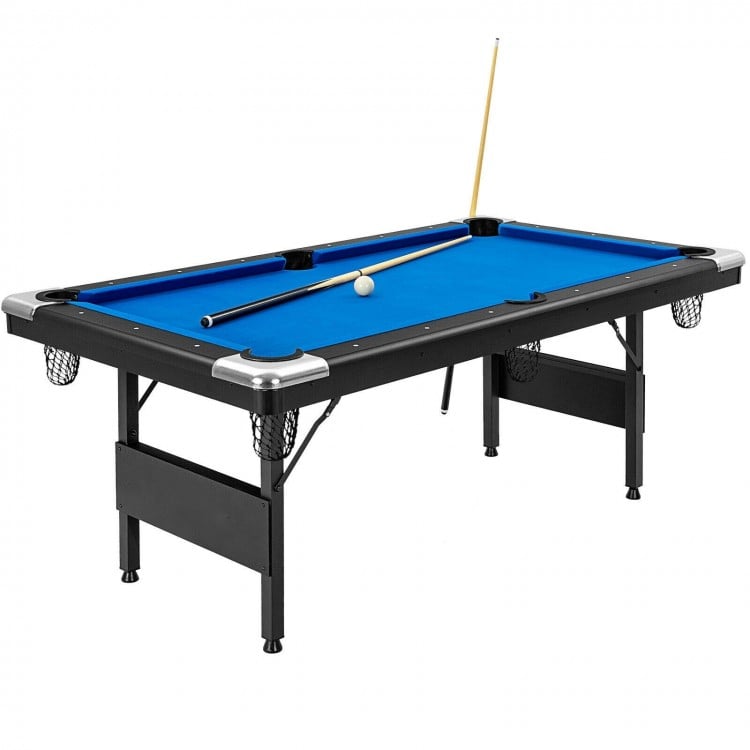 6 feet foldable billiard pool table with blue felt, steel legs, and complete accessories for compact recreation.