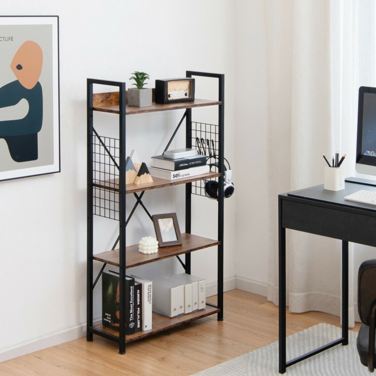 Industrial 4-tier bookshelf featuring rustic brown shelves and a sturdy black metal frame, designed for any space's.