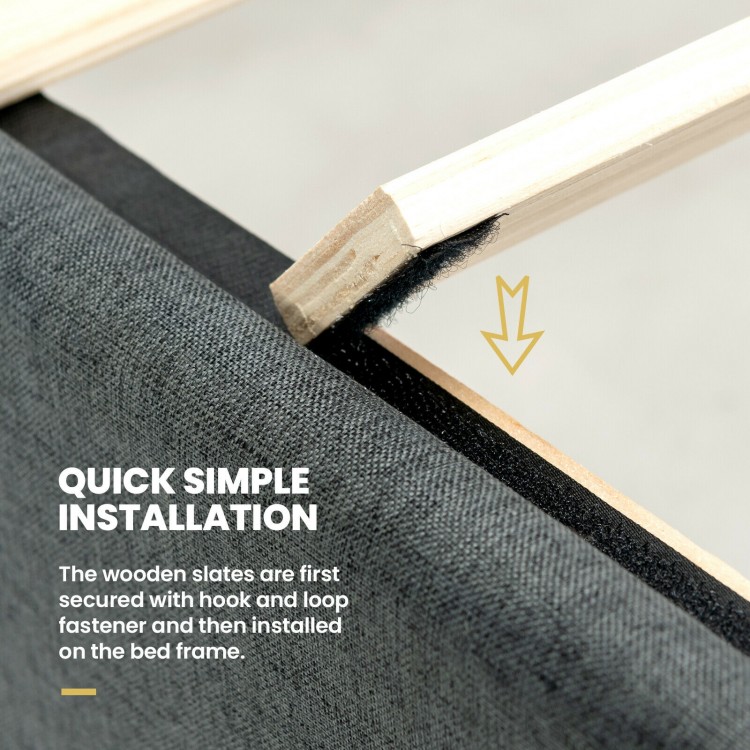 Wooden slats secured with hook and loop fasteners for easy installation on the upholstered bed frame with adjustable.