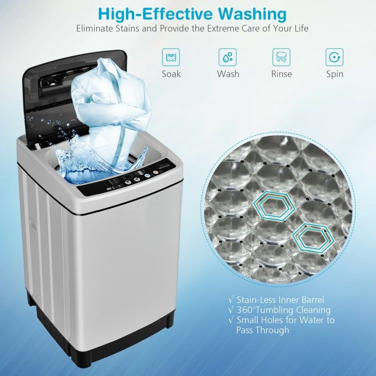 Full-automatic washing machine with stainless steel inner barrel, 1.5 Cu.Ft capacity, and clear control panel for easy.
