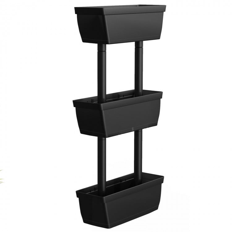 3-tier freestanding vertical plant stand with large black pots for gardening, ideal for indoor and outdoor use.