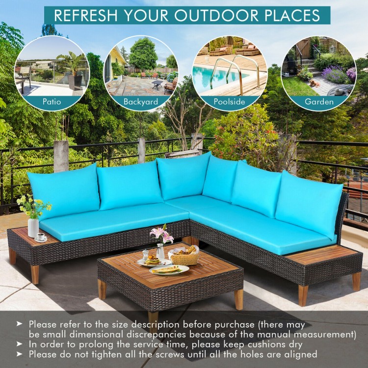 4-piece patio cushioned rattan furniture set with turquoise cushions and wooden side table, ideal for outdoor.