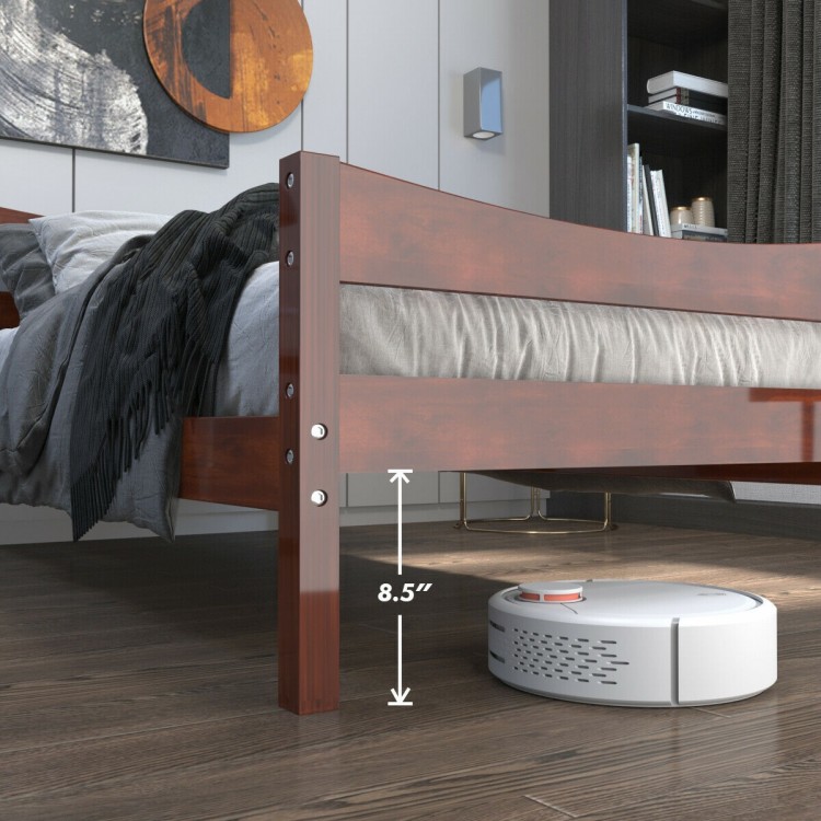 Twin size walnut platform bed frame with 8 slats, 8.5” clearance for storage and easy robot vacuum access.