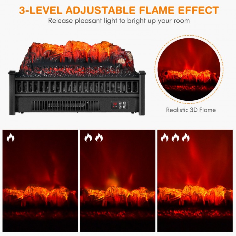Electric fireplace log heater with adjustable 3-level flame brightness for cozy ambiance and easy remote control.