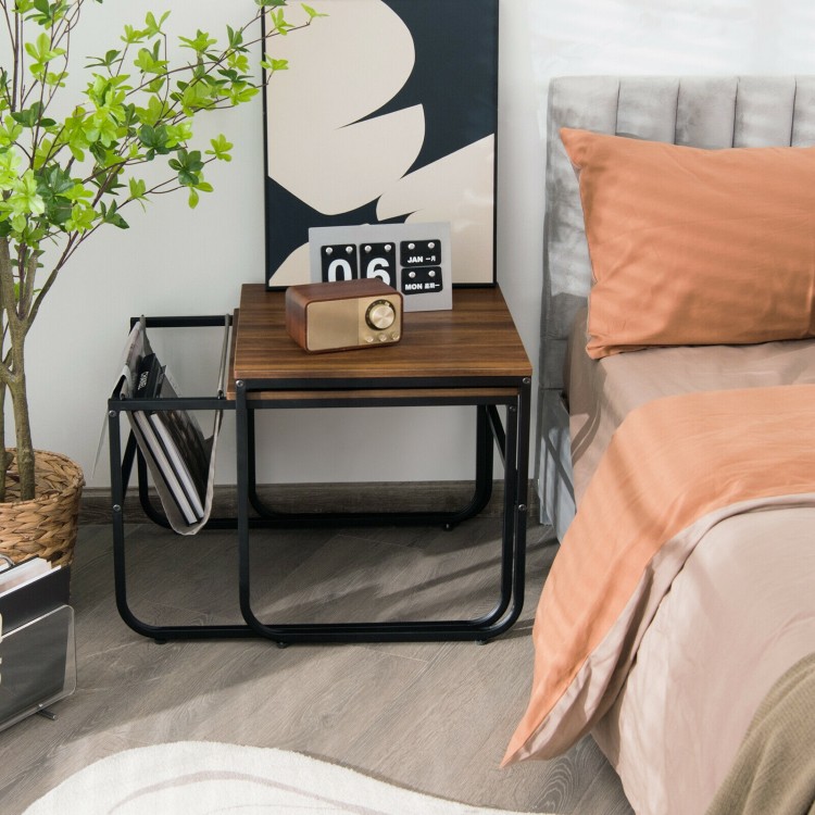 Nesting coffee table set in rustic brown with side pocket, perfect for small spaces in living room or bedroom.
